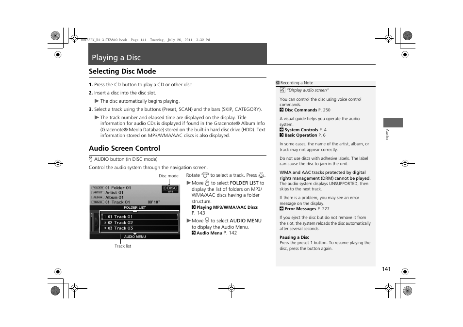 Playing a disc 141, P141), Compact disc | Playing a disc, Selecting disc mode audio screen control, Selecting disc mode, Audio screen control | HONDA 2012 Odyssey Navigation User Manual | Page 143 / 267