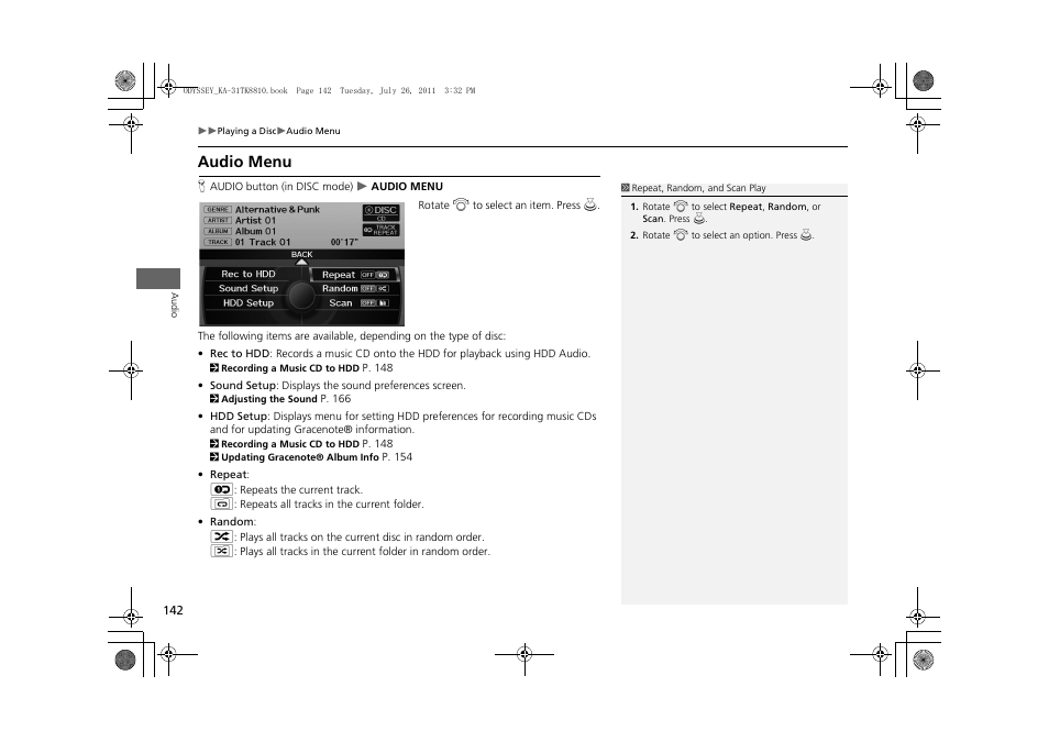 Audio menu, 2 audio menu, P. 142 | HONDA 2012 Odyssey Navigation User Manual | Page 144 / 267