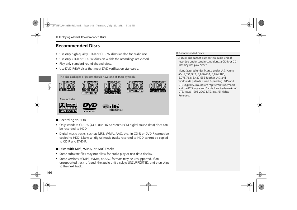 Recommended discs | HONDA 2012 Odyssey Navigation User Manual | Page 146 / 267