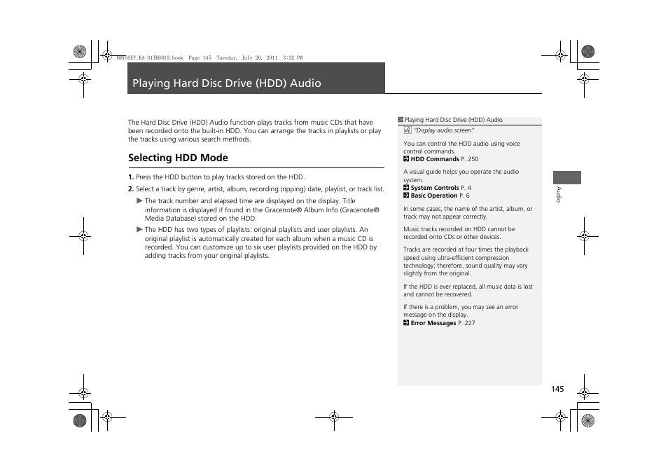 Playing hard disc drive (hdd) audio 145, P145), Hard disk drive (hdd) | Ipod, Playing hard disc drive (hdd) audio, Selecting hdd mode | HONDA 2012 Odyssey Navigation User Manual | Page 147 / 267