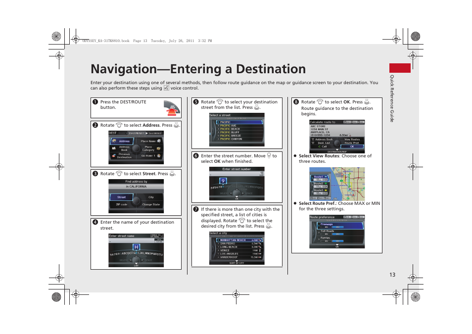 Navigation—entering a destination | HONDA 2012 Odyssey Navigation User Manual | Page 15 / 267