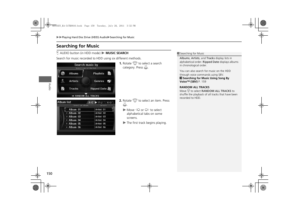 Searching for music, 2 searching for music, P. 150 | HONDA 2012 Odyssey Navigation User Manual | Page 152 / 267