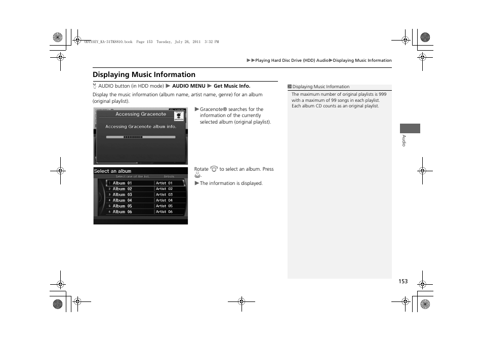 Displaying music information, 2 displaying music information, P. 153 | HONDA 2012 Odyssey Navigation User Manual | Page 155 / 267