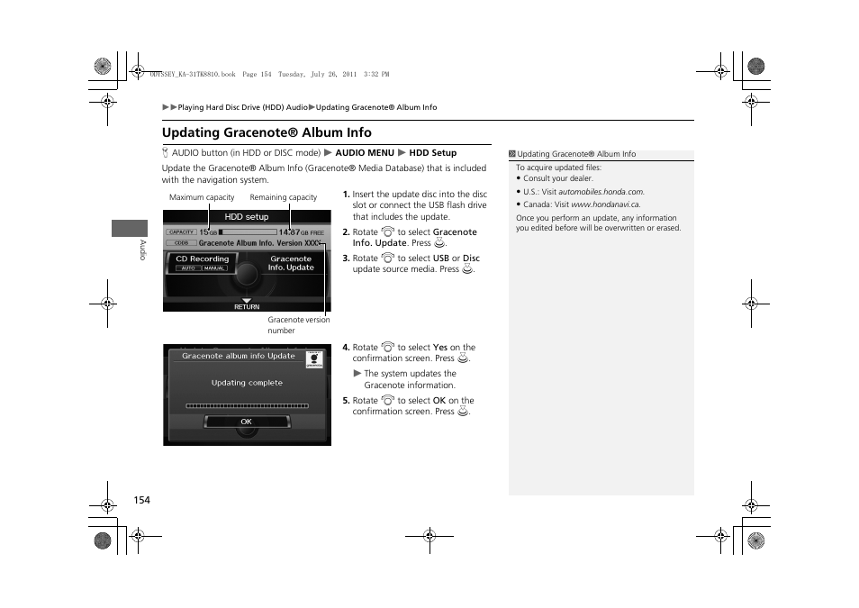 Updating gracenote® album info, 2 updating gracenote® album info, P. 154 | HONDA 2012 Odyssey Navigation User Manual | Page 156 / 267