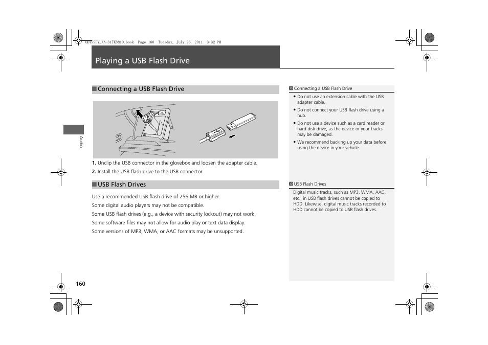 Playing a usb flash drive 160, P160), Flash drive | Playing a usb flash drive | HONDA 2012 Odyssey Navigation User Manual | Page 162 / 267