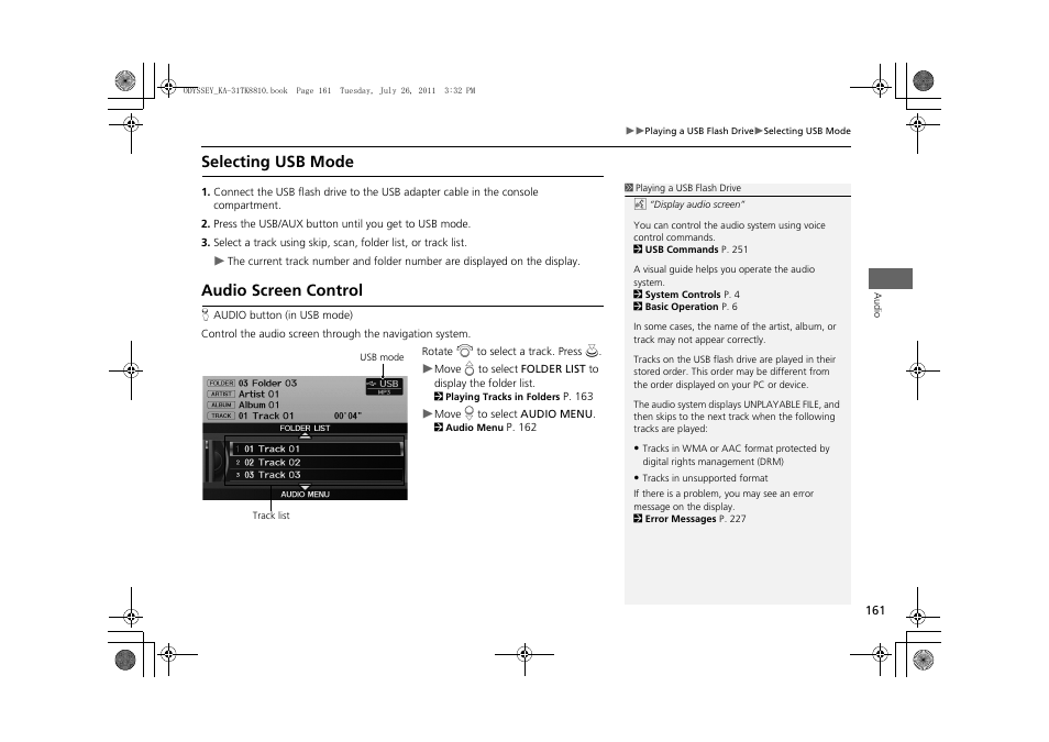Selecting usb mode audio screen control, Selecting usb mode, Audio screen control | HONDA 2012 Odyssey Navigation User Manual | Page 163 / 267