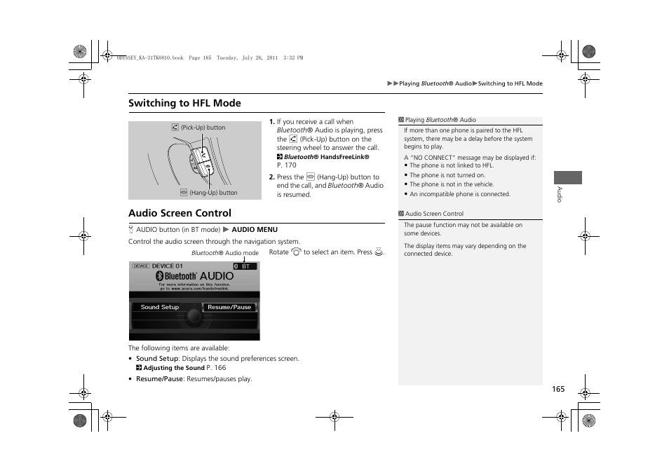 Switching to hfl mode audio screen control, Switching to hfl mode, Audio screen control | HONDA 2012 Odyssey Navigation User Manual | Page 167 / 267