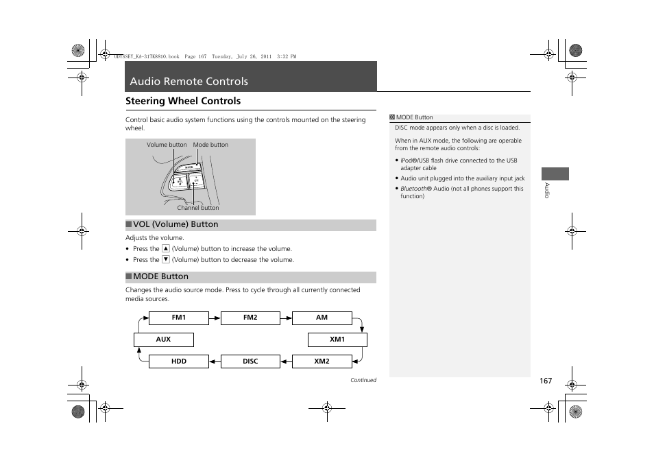 Audio remote controls 167, P167), Audio remote controls | Steering wheel controls | HONDA 2012 Odyssey Navigation User Manual | Page 169 / 267