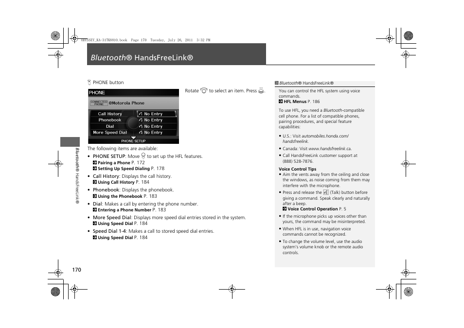 Bluetooth ® handsfreelink® 170, P170), 2 bluetooth ® handsfreelink® p. 170 | 2 bluetooth ® handsfreelink, P. 170, Bluetooth ® handsfreelink | HONDA 2012 Odyssey Navigation User Manual | Page 172 / 267