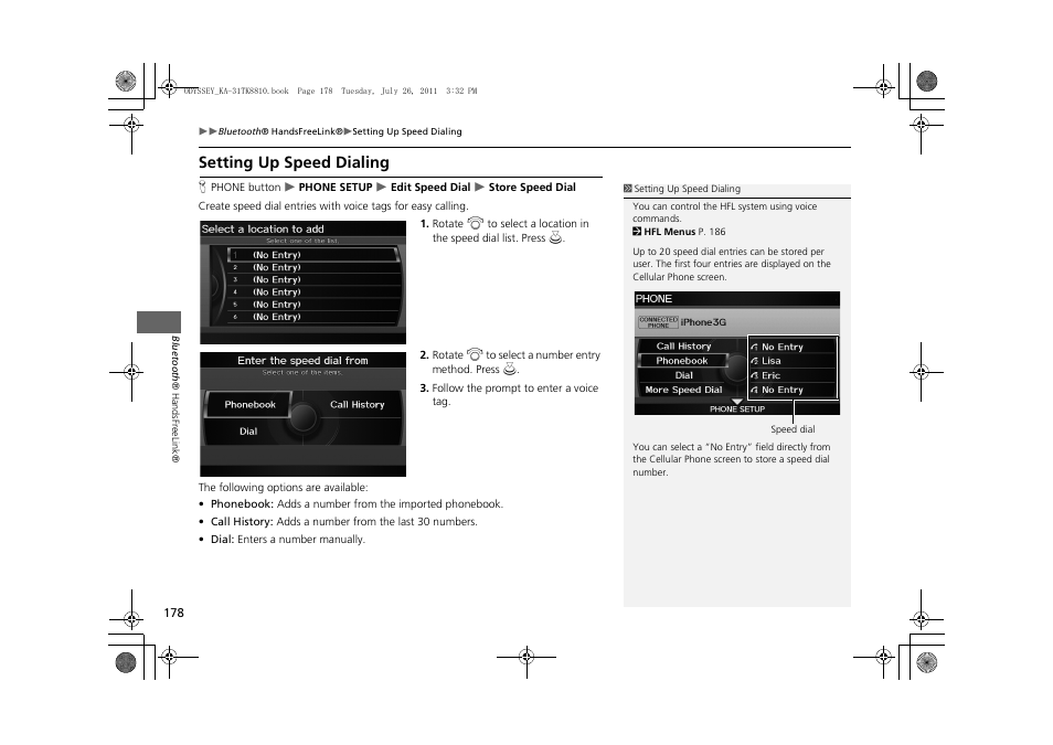 Setting up speed dialing 178, Setting up speed dialing, 2 setting up speed dialing | P. 178 | HONDA 2012 Odyssey Navigation User Manual | Page 180 / 267