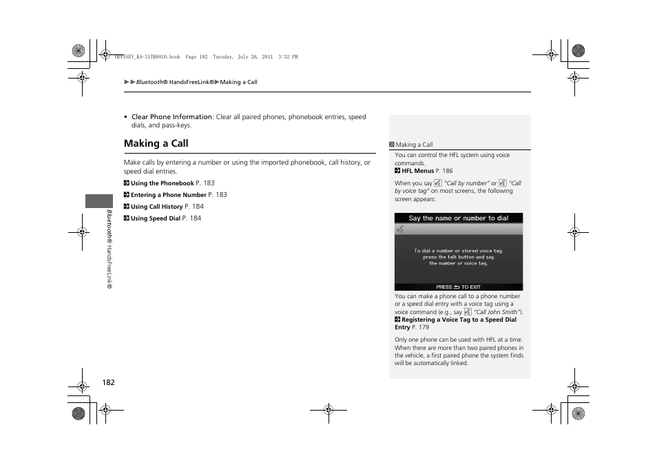 Making a call 182, Making a call | HONDA 2012 Odyssey Navigation User Manual | Page 184 / 267