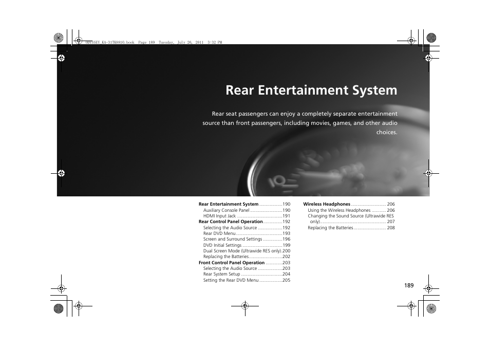 2 rear entertainment system p. 189, Rear entertainment system, P.189 | P189) | HONDA 2012 Odyssey Navigation User Manual | Page 191 / 267
