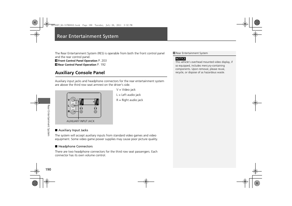 Rear entertainment system 190, Rear entertainment system, Auxiliary console panel | HONDA 2012 Odyssey Navigation User Manual | Page 192 / 267