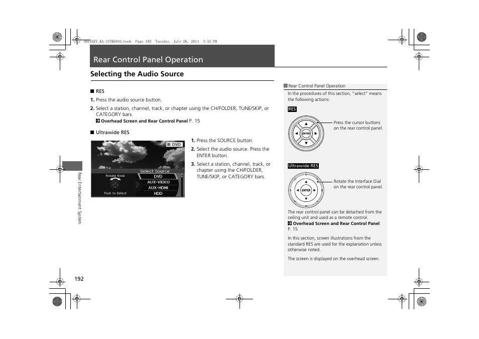 Rear control panel operation 192, Rear control panel operation, Selecting the audio source | 2 rear control panel operation, P. 192 | HONDA 2012 Odyssey Navigation User Manual | Page 194 / 267
