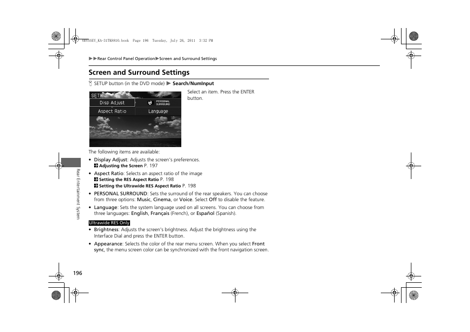 Screen and surround settings | HONDA 2012 Odyssey Navigation User Manual | Page 198 / 267