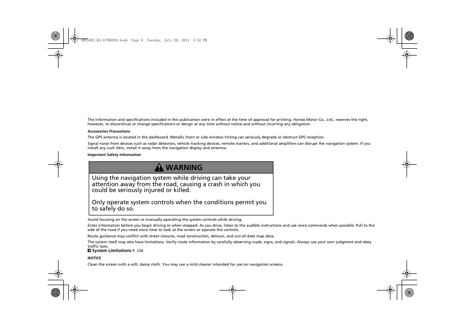 Warning | HONDA 2012 Odyssey Navigation User Manual | Page 2 / 267