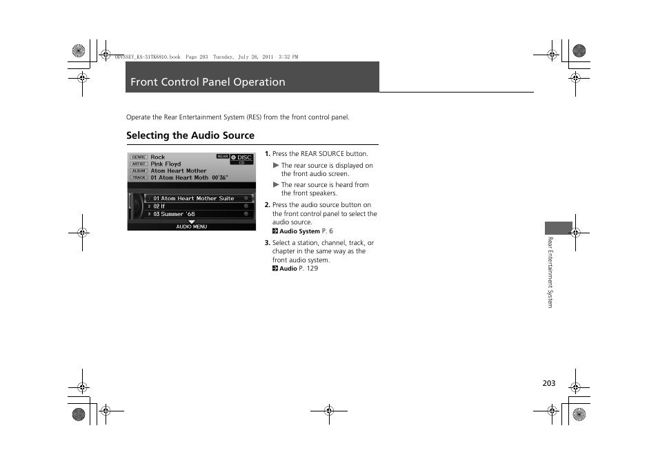 Front control panel operation 203, P203), Front control panel operation | Selecting the audio source, 2 front control panel operation, P. 203 | HONDA 2012 Odyssey Navigation User Manual | Page 205 / 267