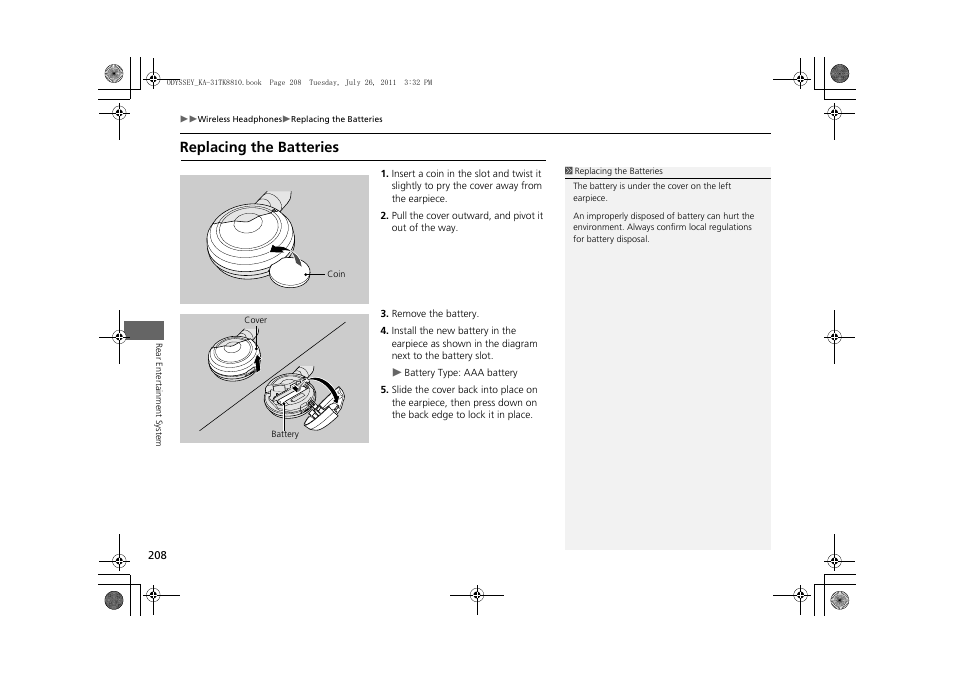Replacing the batteries | HONDA 2012 Odyssey Navigation User Manual | Page 210 / 267