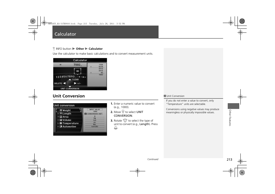 Calculator 213, Calculator, Unit conversion | HONDA 2012 Odyssey Navigation User Manual | Page 215 / 267