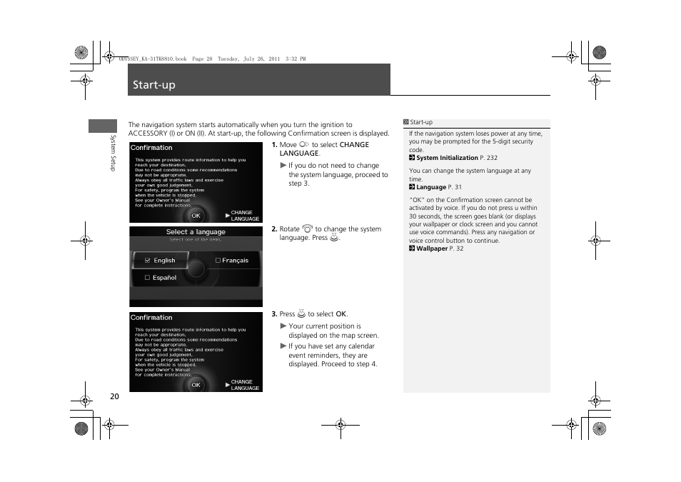 Start-up 20, Start-up | HONDA 2012 Odyssey Navigation User Manual | Page 22 / 267