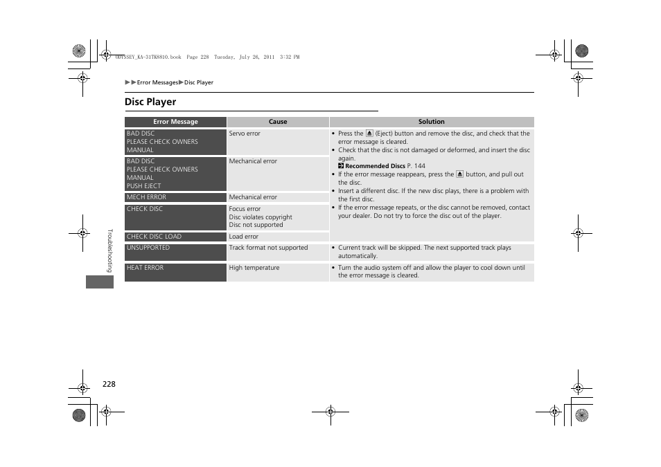 Disc player | HONDA 2012 Odyssey Navigation User Manual | Page 230 / 267