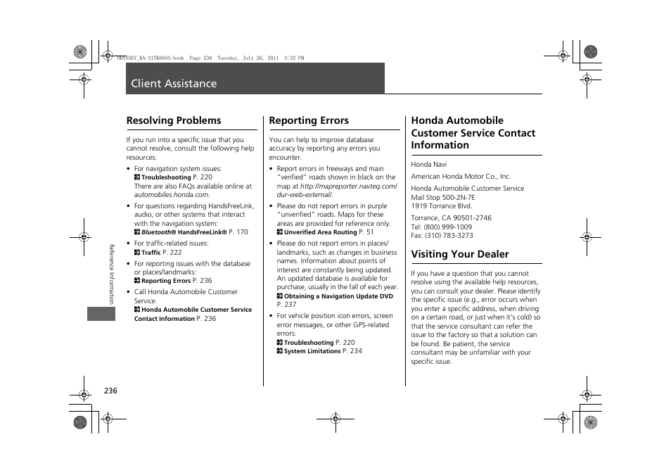 Client assistance 236, Client assistance, Contact information | Visiting your dealer, Resolving problems, Reporting errors | HONDA 2012 Odyssey Navigation User Manual | Page 238 / 267