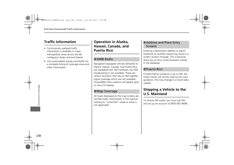Puerto rico, Shipping a vehicle to the u.s. mainland238, Traffic information | Shipping a vehicle to the u.s. mainland | HONDA 2012 Odyssey Navigation User Manual | Page 240 / 267