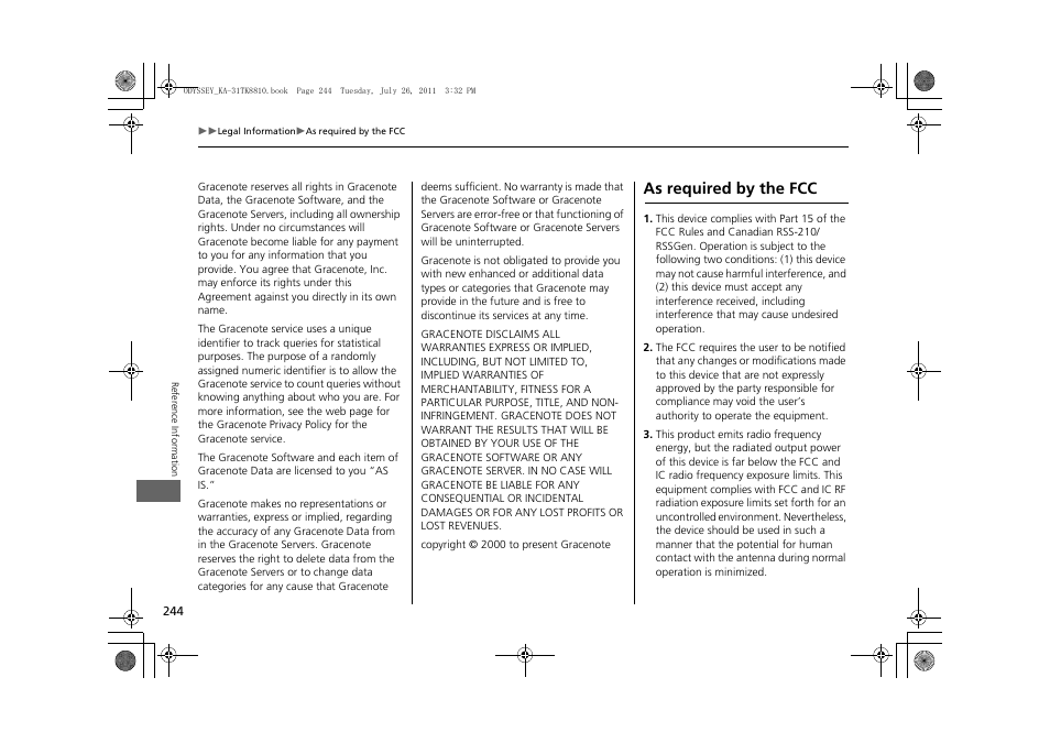 As required by the fcc | HONDA 2012 Odyssey Navigation User Manual | Page 246 / 267