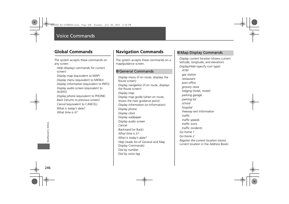 Voice commands 246, 2 voice commands, P. 246 | Ice commands. 2 global commands p. 246, 2 map display commands p. 246, Voice commands, Global commands navigation commands | HONDA 2012 Odyssey Navigation User Manual | Page 248 / 267