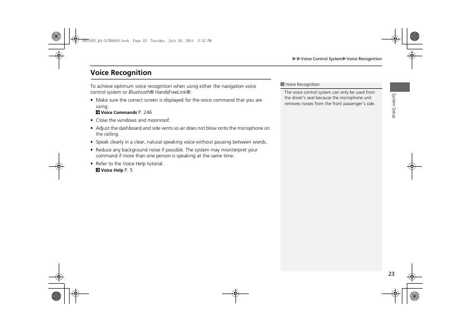 Voice recognition | HONDA 2012 Odyssey Navigation User Manual | Page 25 / 267