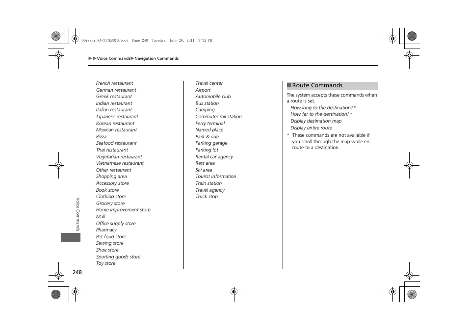 2 route commands p. 248 | HONDA 2012 Odyssey Navigation User Manual | Page 250 / 267