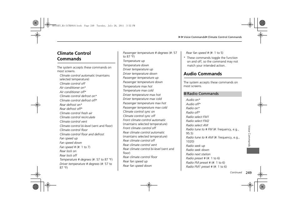 2 radio commands p. 249, Climate control commands audio commands, Climate control commands | Audio commands | HONDA 2012 Odyssey Navigation User Manual | Page 251 / 267
