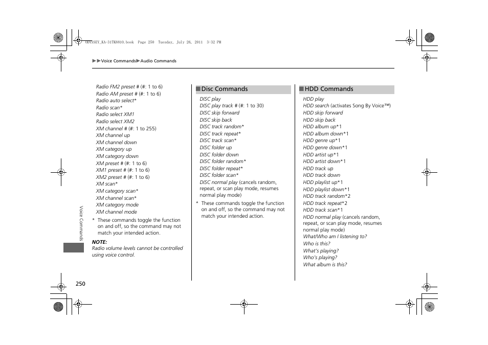 2 disc commands p. 250, Control commands. 2 hdd commands p. 250 | HONDA 2012 Odyssey Navigation User Manual | Page 252 / 267