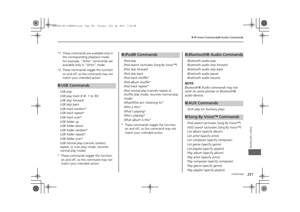 Commands. 2 ipod® commands p. 251, 2 song by voice™ commands p. 251, 2 usb commands p. 251 | HONDA 2012 Odyssey Navigation User Manual | Page 253 / 267