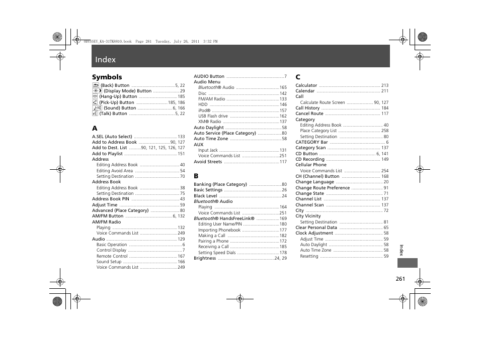 Index, P.261, Symbols | HONDA 2012 Odyssey Navigation User Manual | Page 263 / 267