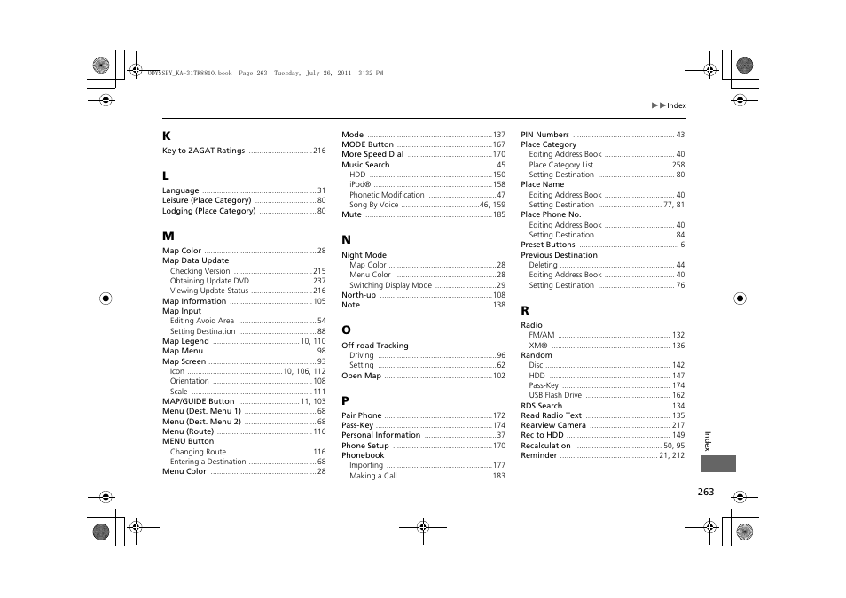 HONDA 2012 Odyssey Navigation User Manual | Page 265 / 267