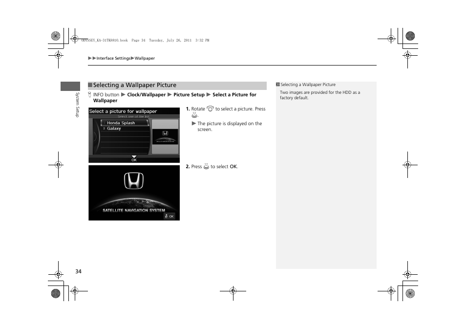 Paper, 2 selecting a wallpaper picture, P. 34 | HONDA 2012 Odyssey Navigation User Manual | Page 36 / 267