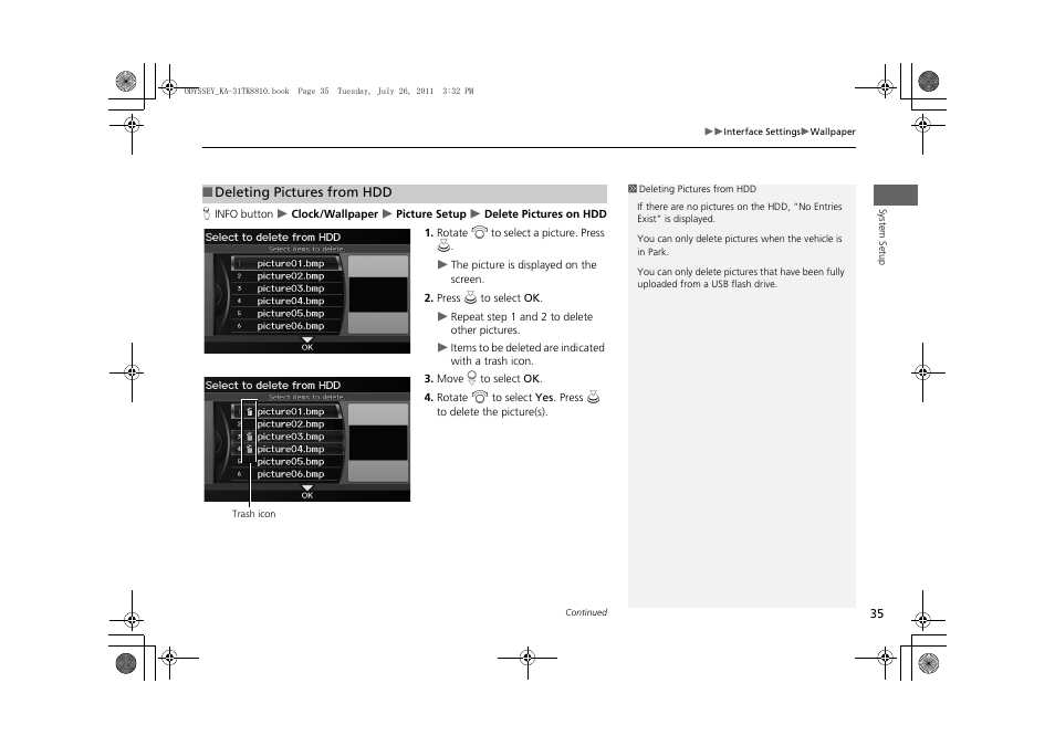 2 deleting pictures from hdd, P. 35 | HONDA 2012 Odyssey Navigation User Manual | Page 37 / 267