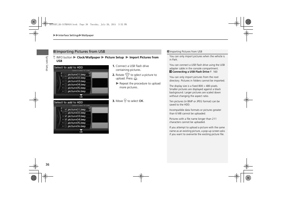 2 importing pictures from usb, P. 36 | HONDA 2012 Odyssey Navigation User Manual | Page 38 / 267