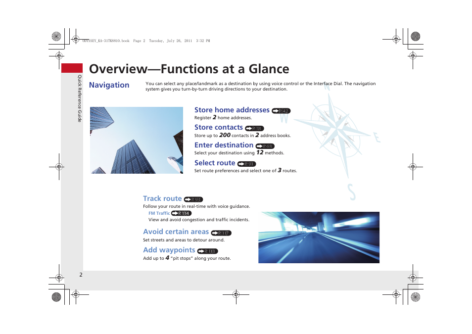 Overview—functions at a glance, Navigation | HONDA 2012 Odyssey Navigation User Manual | Page 4 / 267