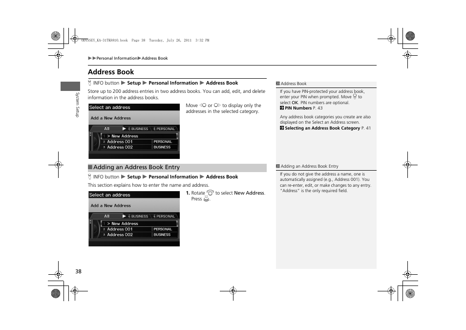 P38), Address book, 2 address book | P. 38 | HONDA 2012 Odyssey Navigation User Manual | Page 40 / 267