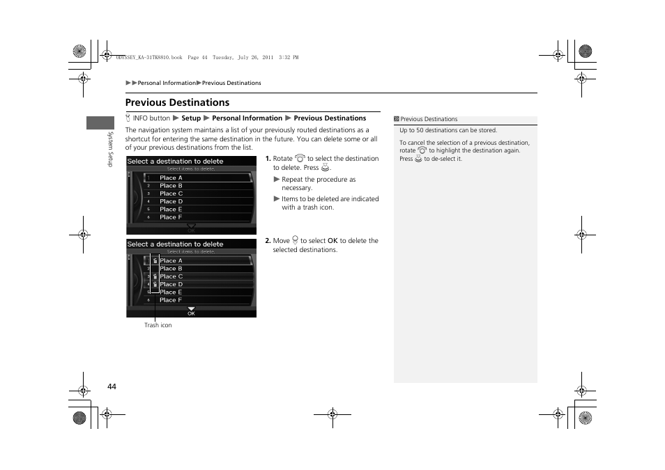 Previous destinations, 2 previous destinations, P. 44 | HONDA 2012 Odyssey Navigation User Manual | Page 46 / 267