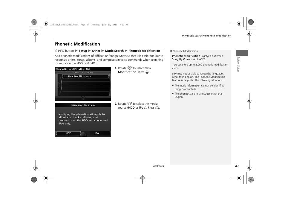 Phonetic modification, 2 phonetic modification, P. 47 | HONDA 2012 Odyssey Navigation User Manual | Page 49 / 267