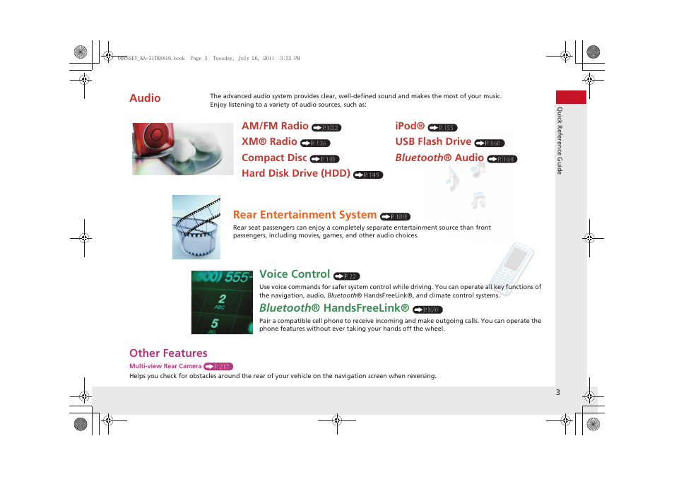 Other features, Audio, Rear entertainment system | Voice control, Bluetooth ® handsfreelink | HONDA 2012 Odyssey Navigation User Manual | Page 5 / 267