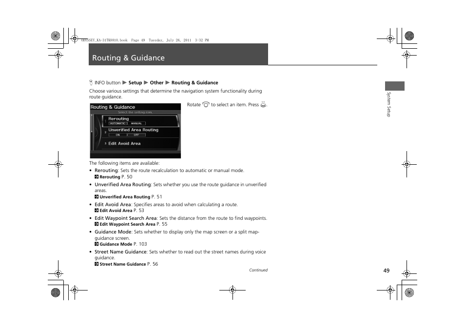 Routing & guidance 49, Routing & guidance | HONDA 2012 Odyssey Navigation User Manual | Page 51 / 267