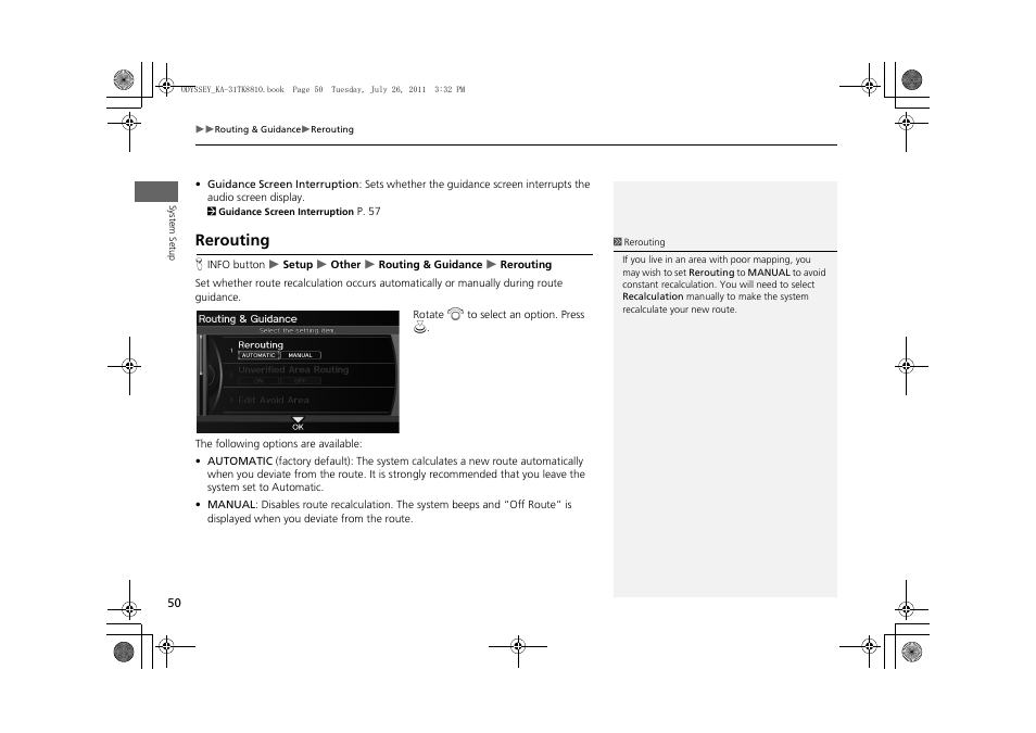 Rerouting, 2 rerouting, P. 50 | HONDA 2012 Odyssey Navigation User Manual | Page 52 / 267