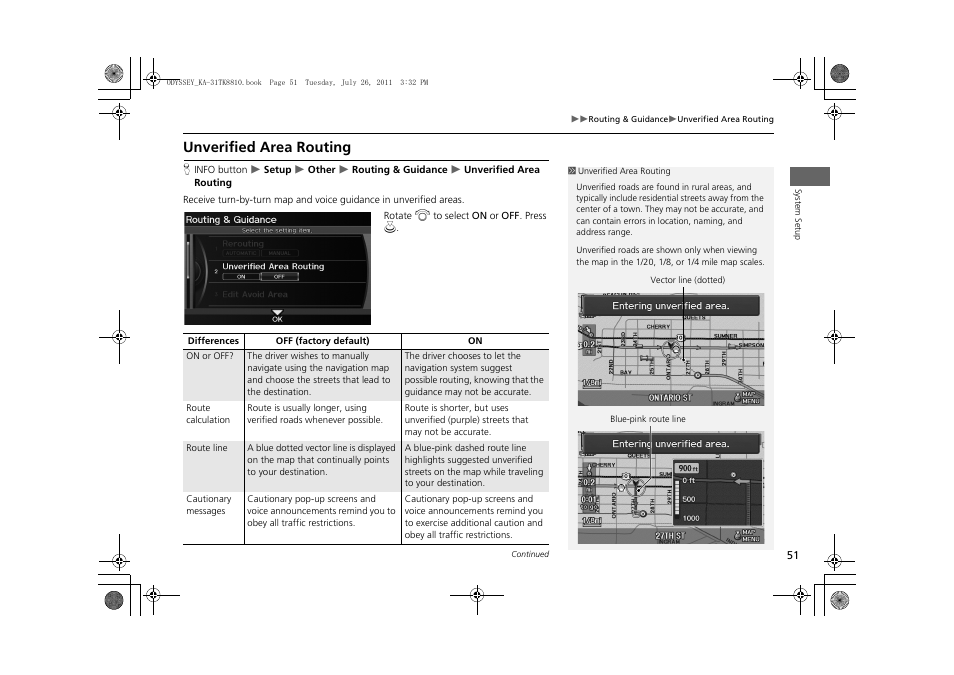 Unverified area routing, 2 unverified area routing, P. 51 | HONDA 2012 Odyssey Navigation User Manual | Page 53 / 267