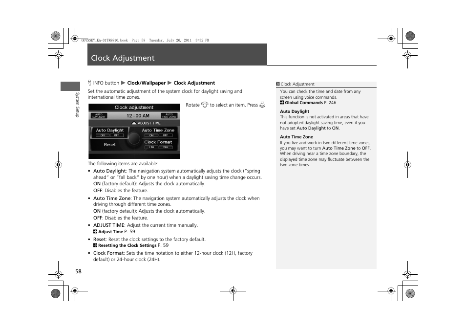 Clock adjustment 58, Clock adjustment | HONDA 2012 Odyssey Navigation User Manual | Page 60 / 267