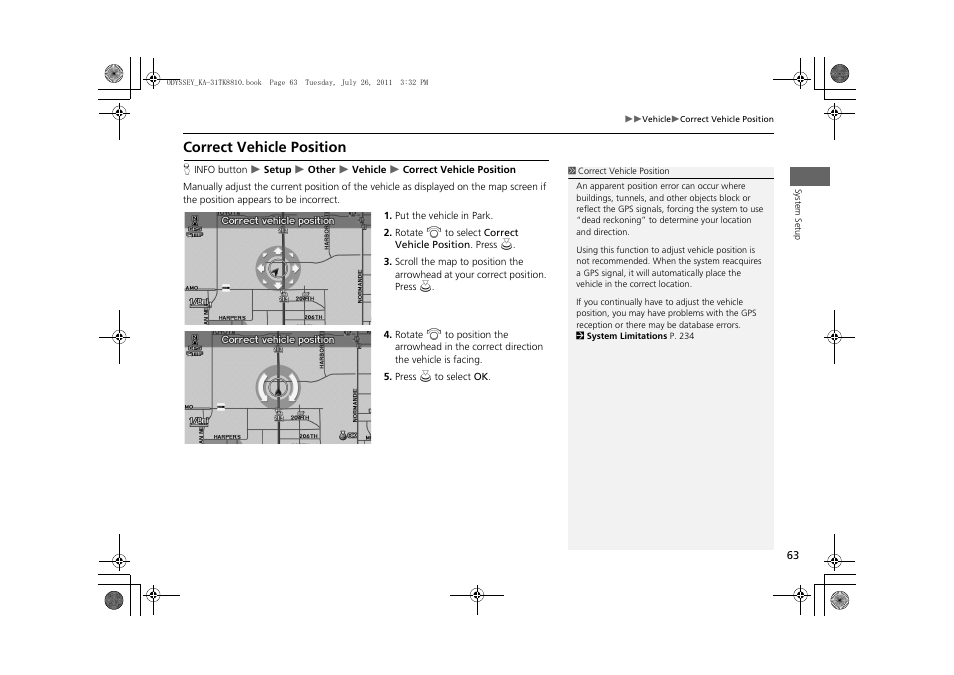 Correct vehicle position, 2 correct vehicle position, P. 63 | HONDA 2012 Odyssey Navigation User Manual | Page 65 / 267