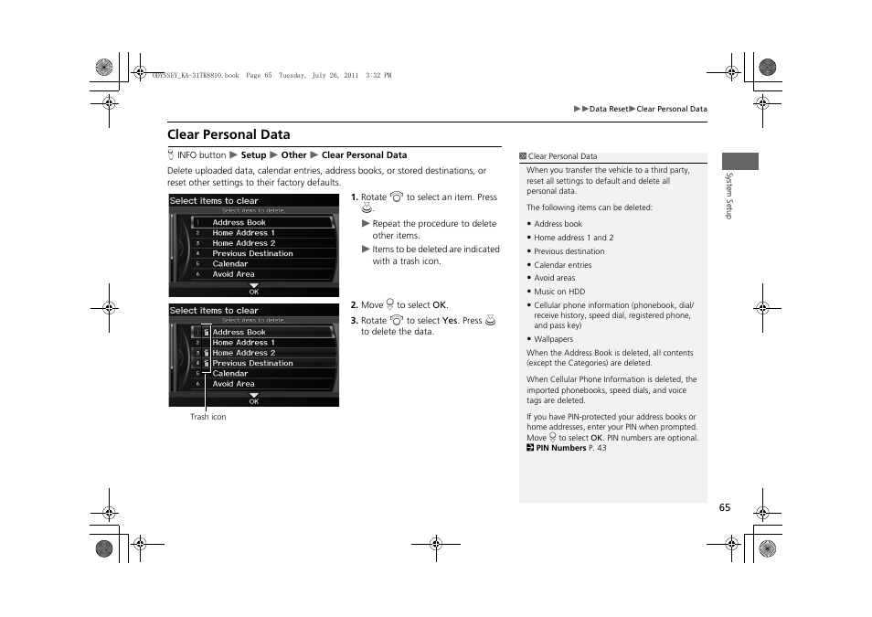 Clear personal data | HONDA 2012 Odyssey Navigation User Manual | Page 67 / 267